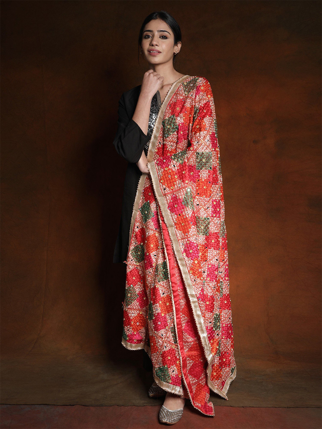 

Exotic India High Risk Red Phulkari Thread Embroidery & Bead-Mirror work Silk Dupatta