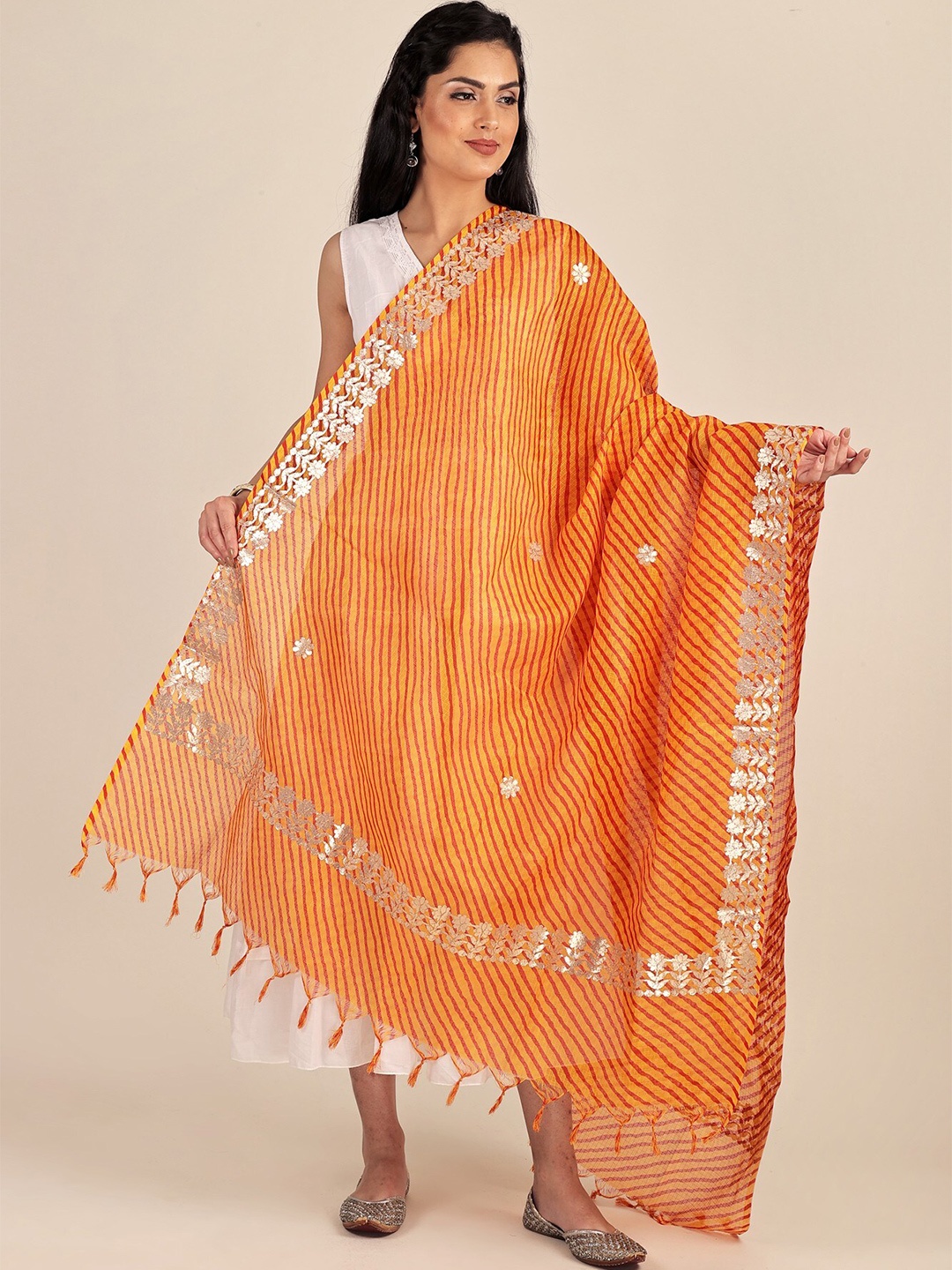 

Exotic India Marigold Leheria Kota Doria Extra-Wide Jodhpuri Dupatta and Gota Border, Yellow