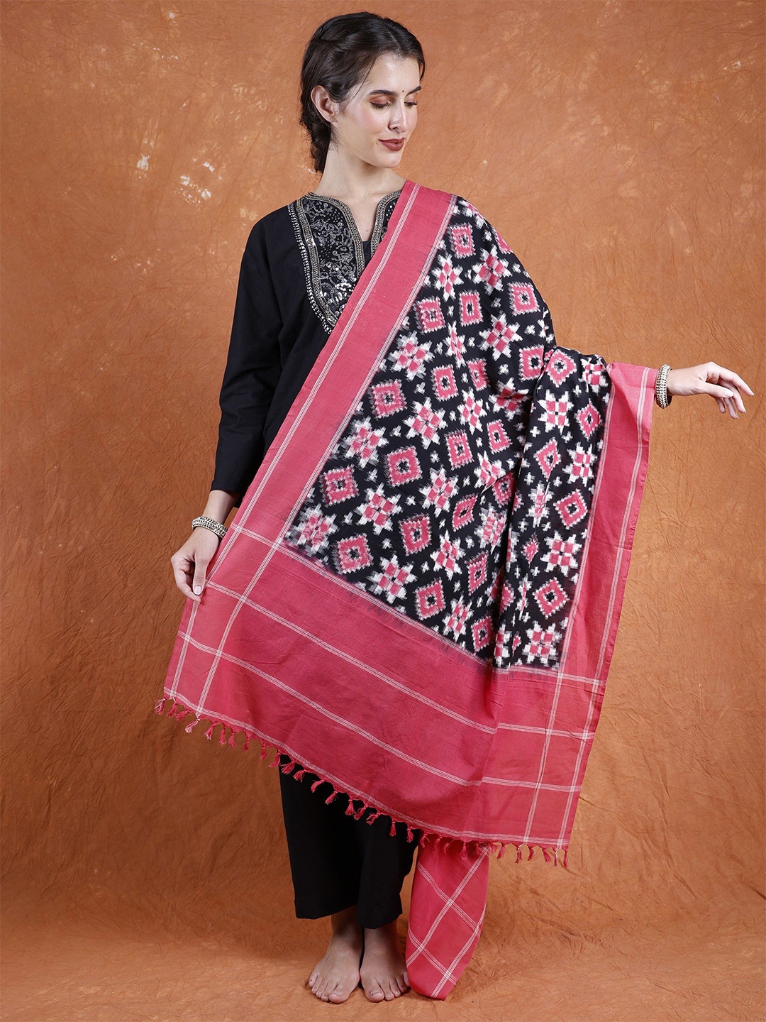 

Exotic India Stretch Limo Pure Cotton Pochampally Handloom Dupatta with Double Ikat Weave, Pink