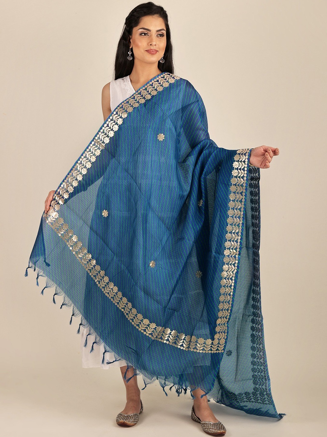 

Exotic India Blue Leheria Kota Doria Extra-Wide Jodhpuri Cotton Dupatta and Gota Border