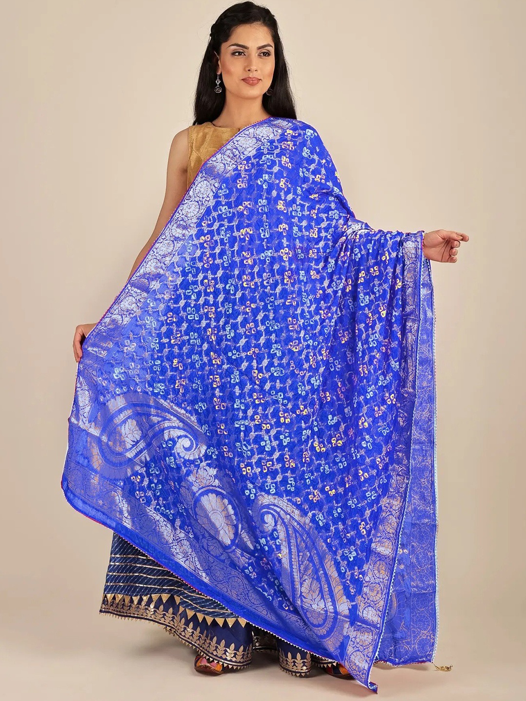 

Exotic India Bluing Bandhani Gharchola Silk Dupatta with Giant Paisleys, Blue