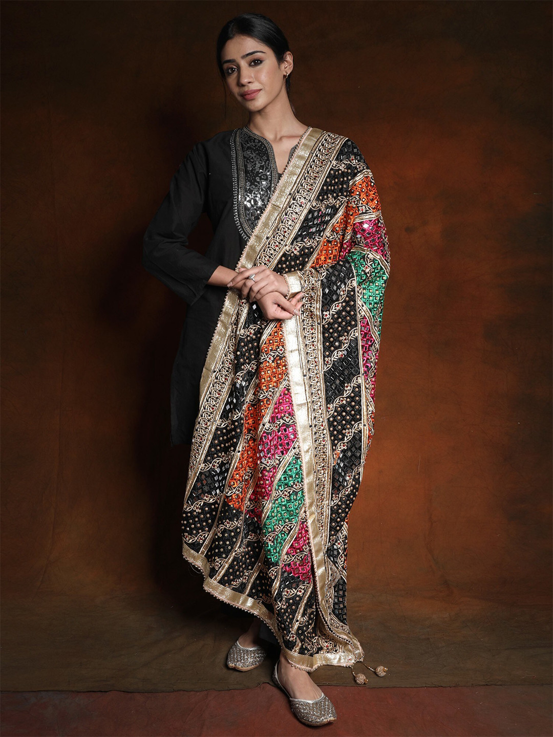 

Exotic India Ethnic Motifs Embroidered Art Silk Dupatta with Phulkari, Black