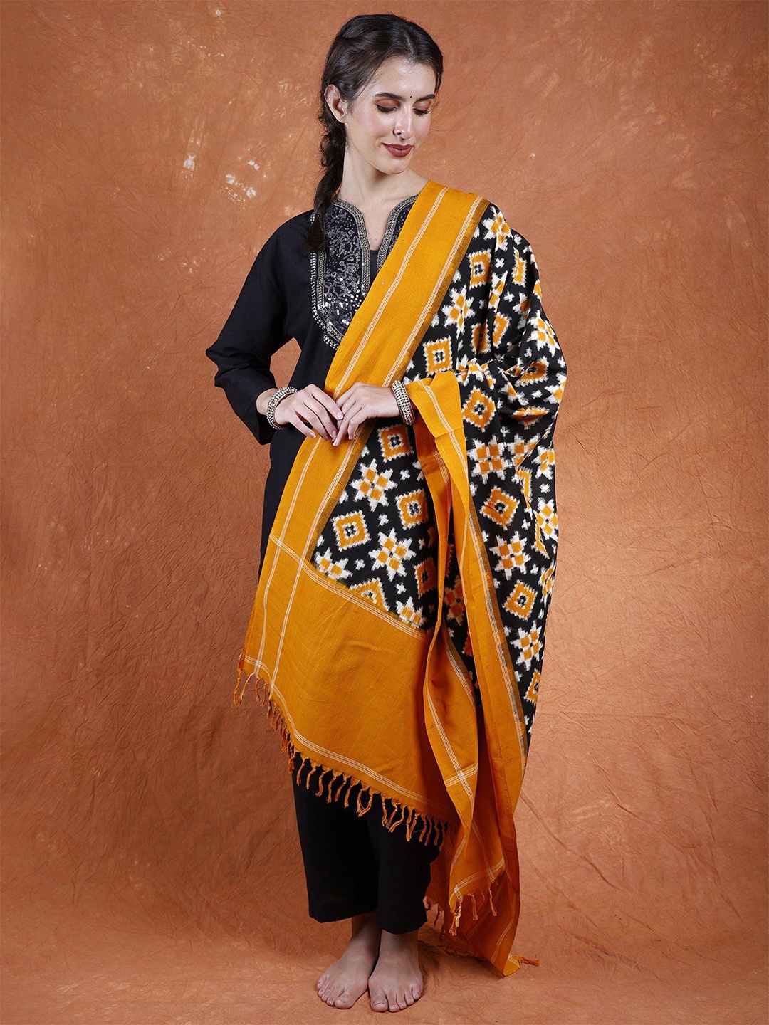 

Exotic India Ethnic Motifs Woven Design Pure Cotton Ikat Dupatta, Orange