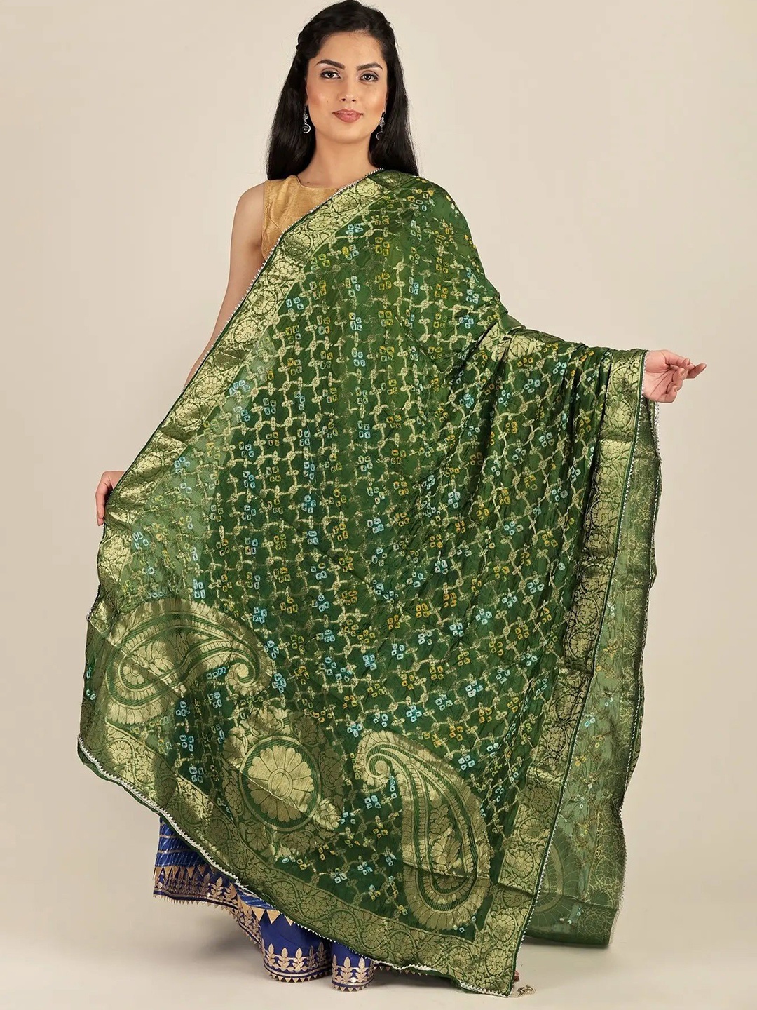 

Exotic India Courtyard Bandhani Gharchola Silk Dupatta with Giant Paisleys, Green