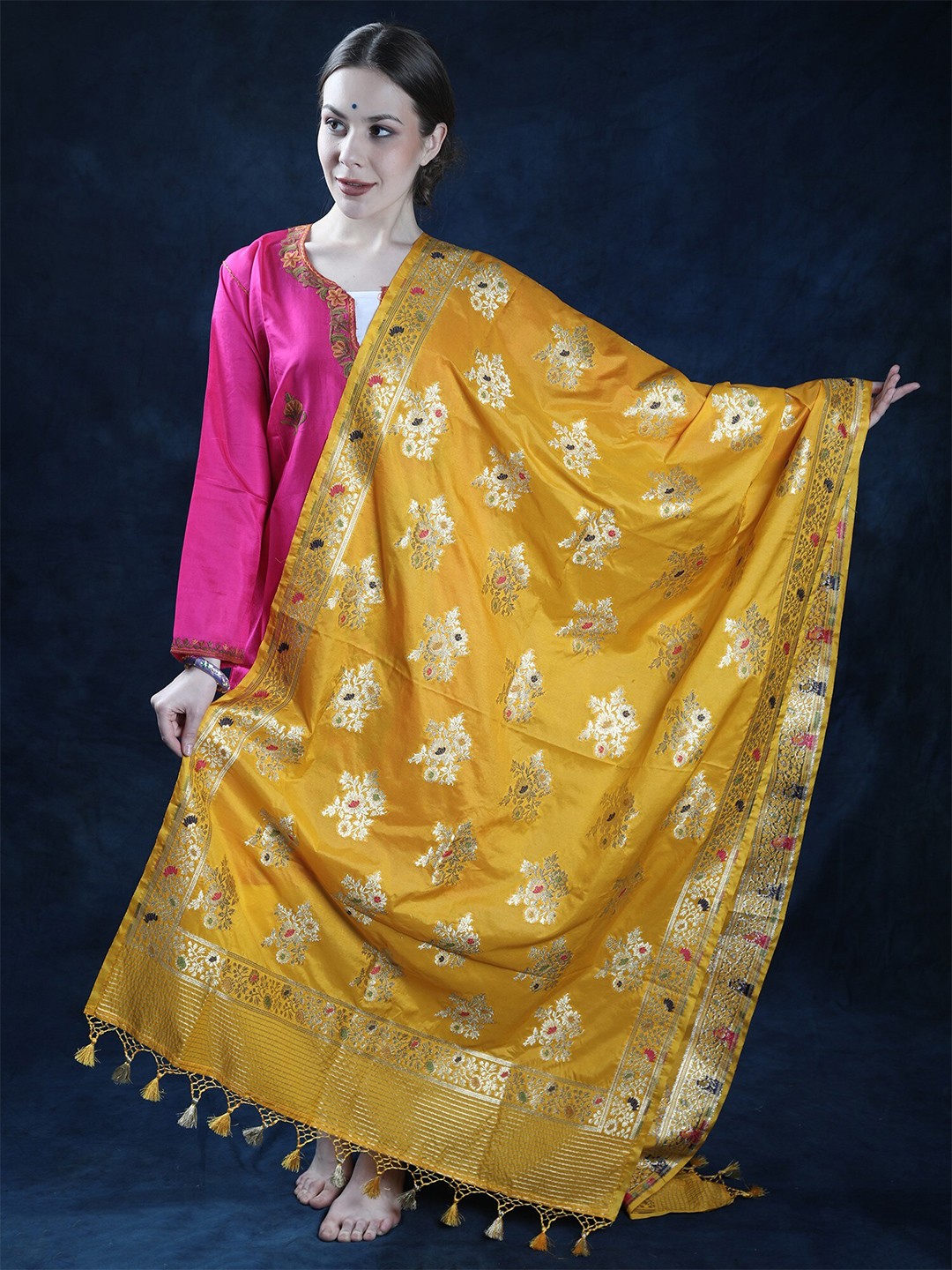 

Exotic India Ethnic Motifs Woven Design Brocade Silk Dupatta, Yellow