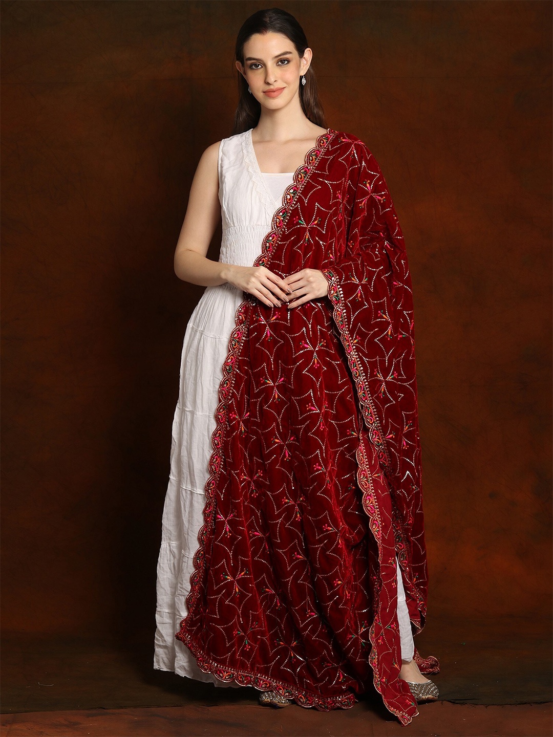 

Exotic India Ethnic Motifs Embroidered Sequinned Velvet Dupatta, Maroon