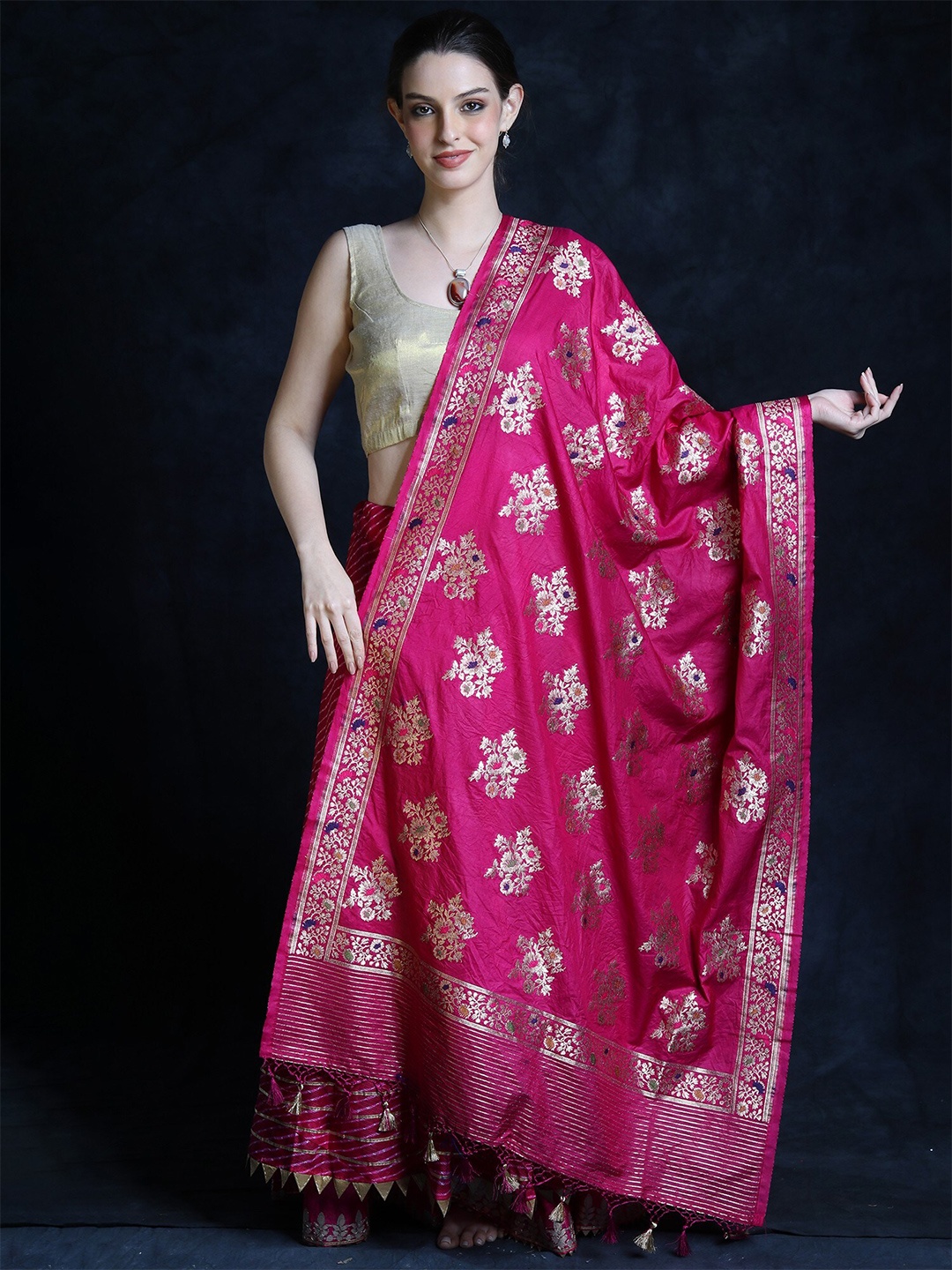 

Exotic India Ethnic Motifs Woven Design Brocade Silk Dupatta, Pink
