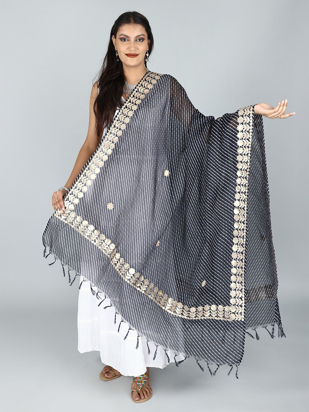 

Exotic India Navy Leheria Kota Doria Extra-Wide Jodhpuri Cotton Dupatta with Gota Border, Grey