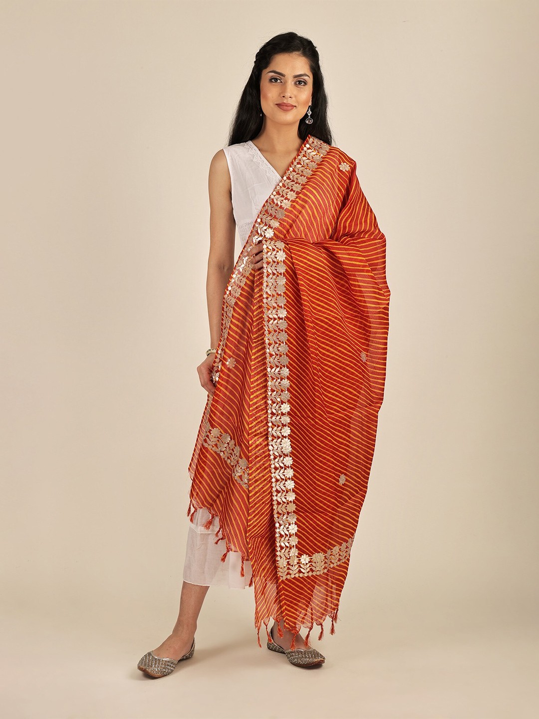 

Exotic India Tomato Leheria Kota Doria Extra-Wide Jodhpuri Cotton Dupatta with Gota Border, Red