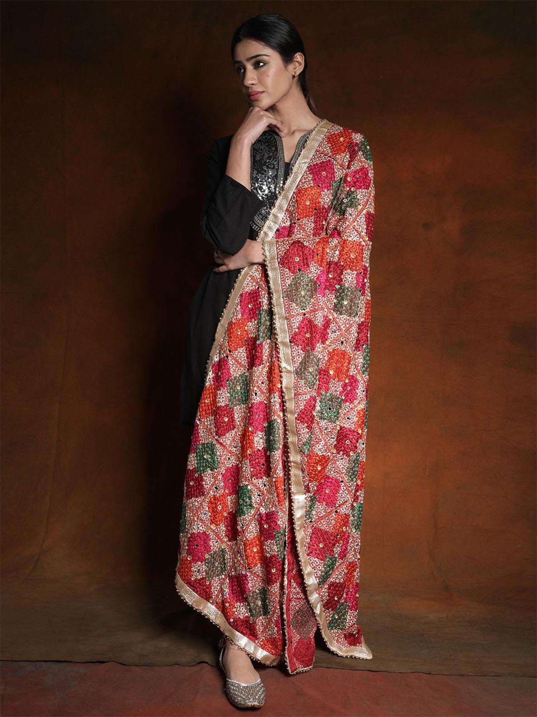 

Exotic India Ethnic Motifs Embroidered Art Silk Dupatta with Phulkari, Red