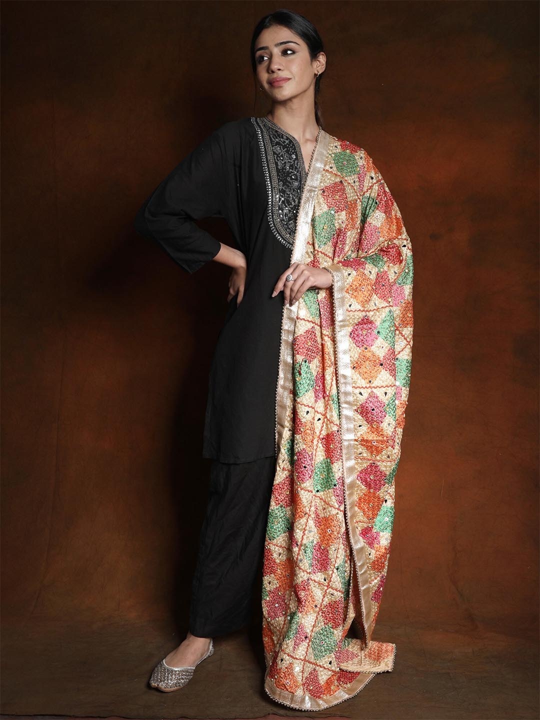 

Exotic India Ethnic Motifs Embroidered Art Silk Dupatta with Phulkari, Beige