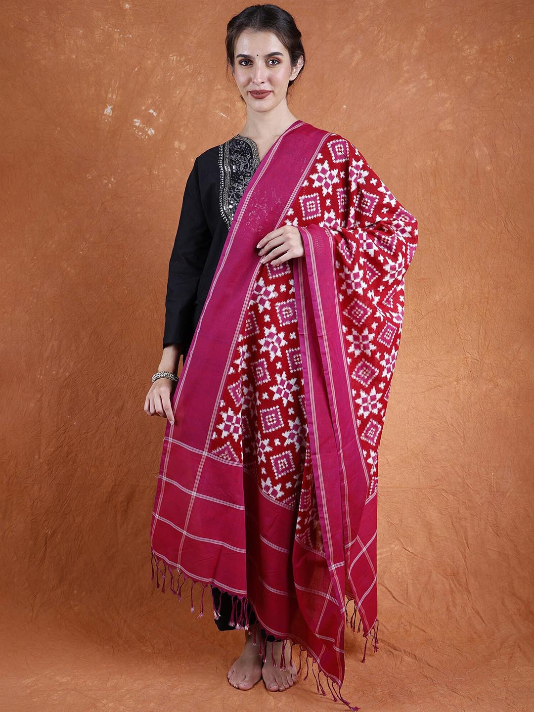 

Exotic India Scarlet Sage Pure Cotton Pochampally Handloom Dupatta with Double Ikat Weave, Pink