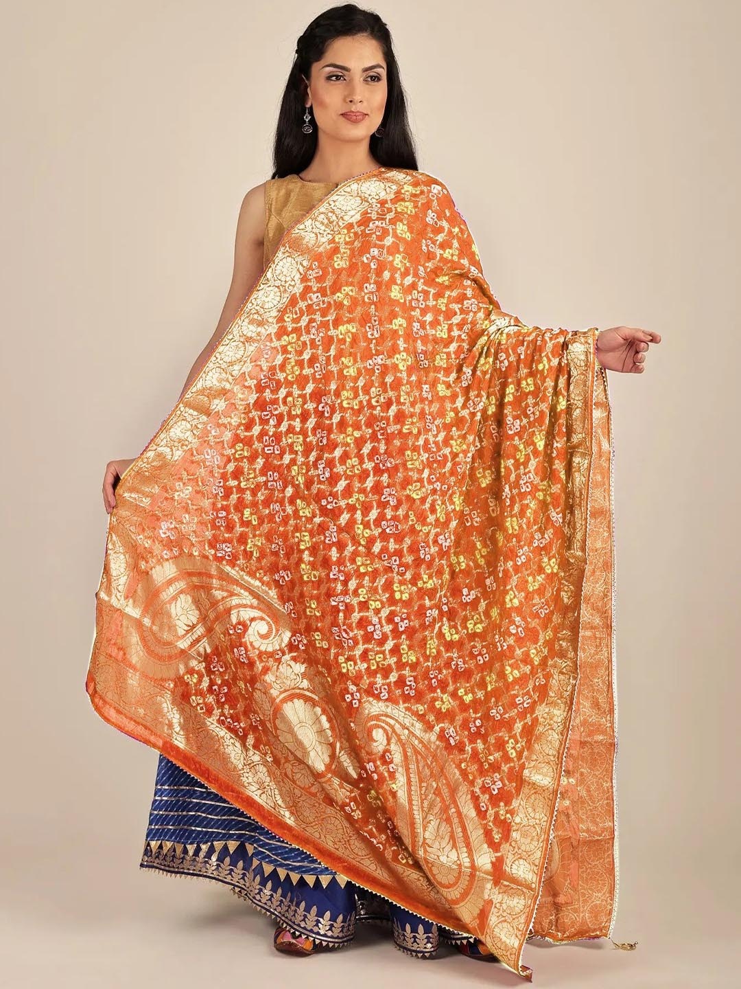

Exotic India Celosia Orange Bandhani Gharchola Silk Dupatta with Giant Paisleys