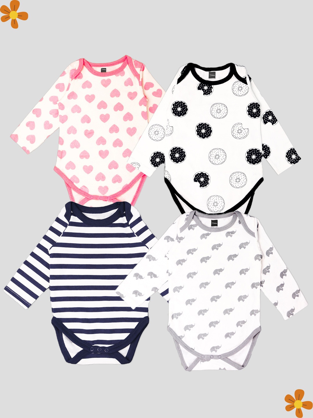 

Kidbea Infants Kids Pack Of 4 Printed Pure Cotton Bodysuits, Pink
