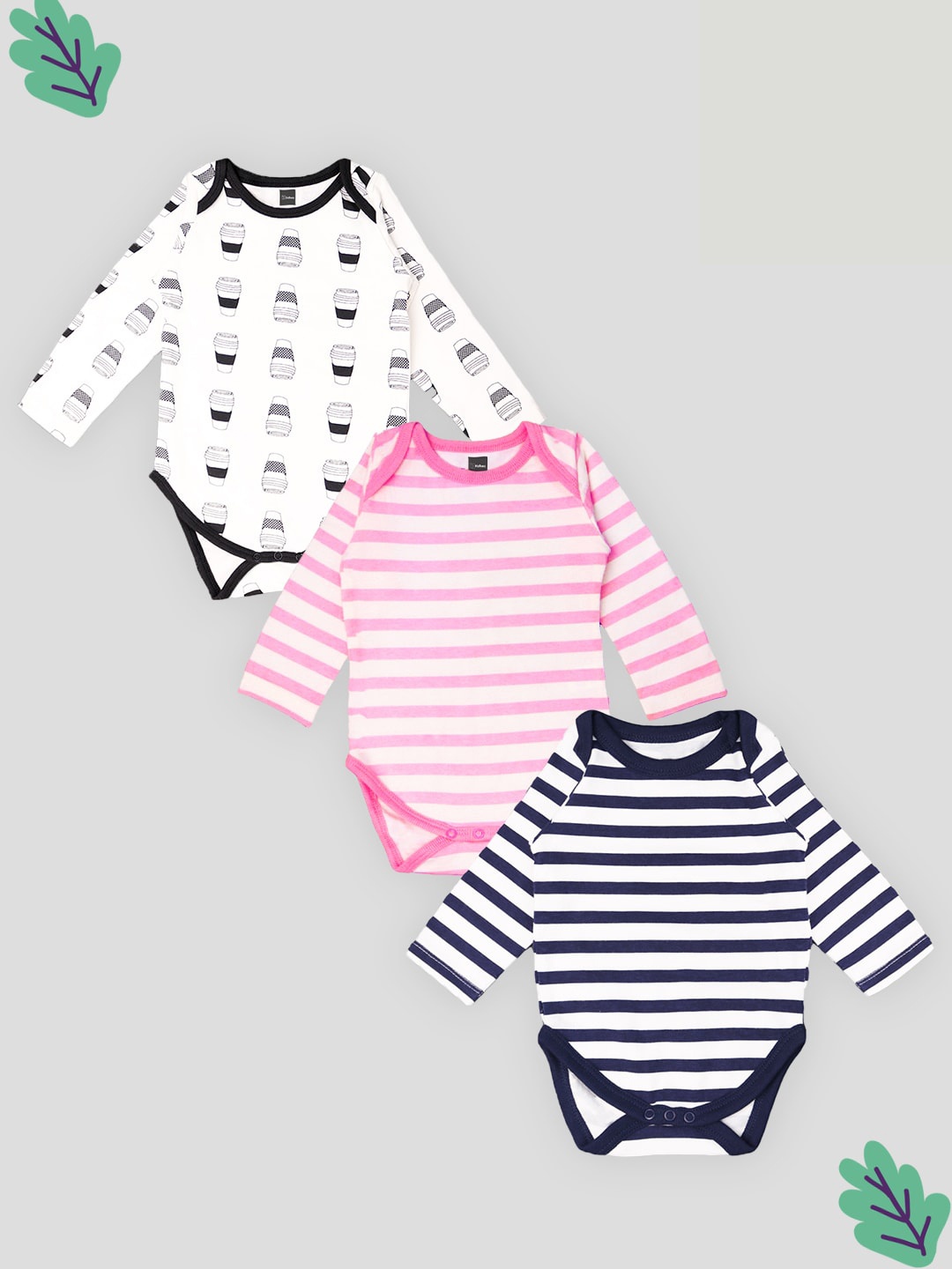 

Kidbea Infants Kids Pack Of 3 Self-Design Pure Cotton Bodysuits, Blue