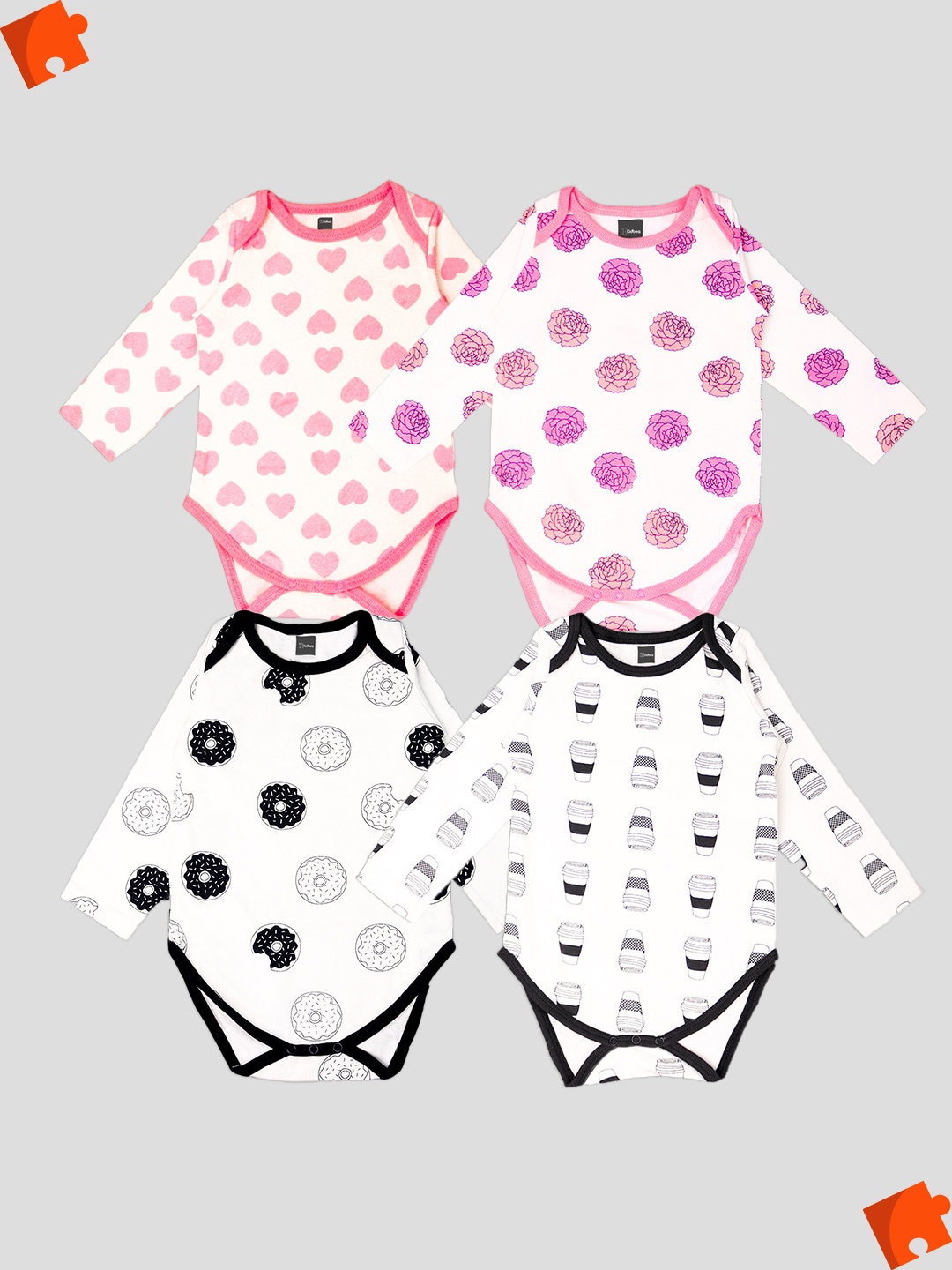 

Kidbea Infants Kids Pack Of 4 Printed Pure Cotton Bodysuits, Pink