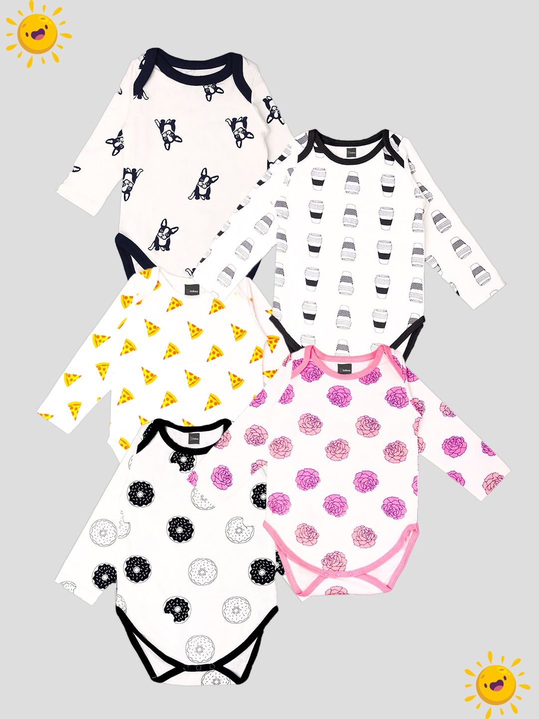 

Kidbea Infants Pack Of 5 Printed Pure Cotton Bodysuits, Black