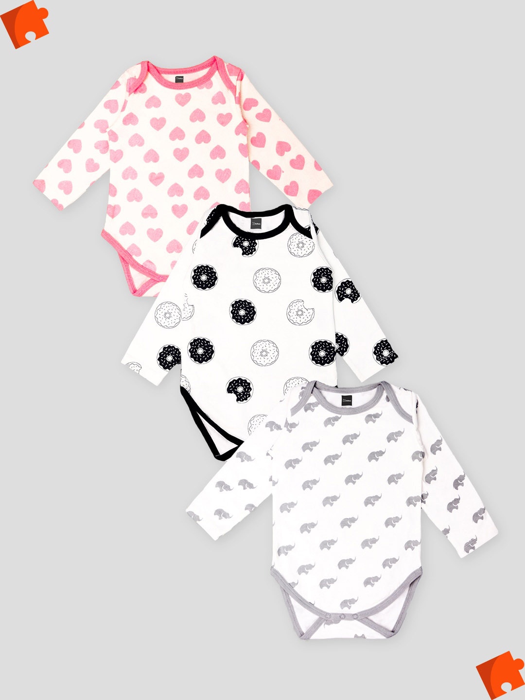 

Kidbea Infants Pack Of 3 Printed Pure Cotton Bodysuits, Grey