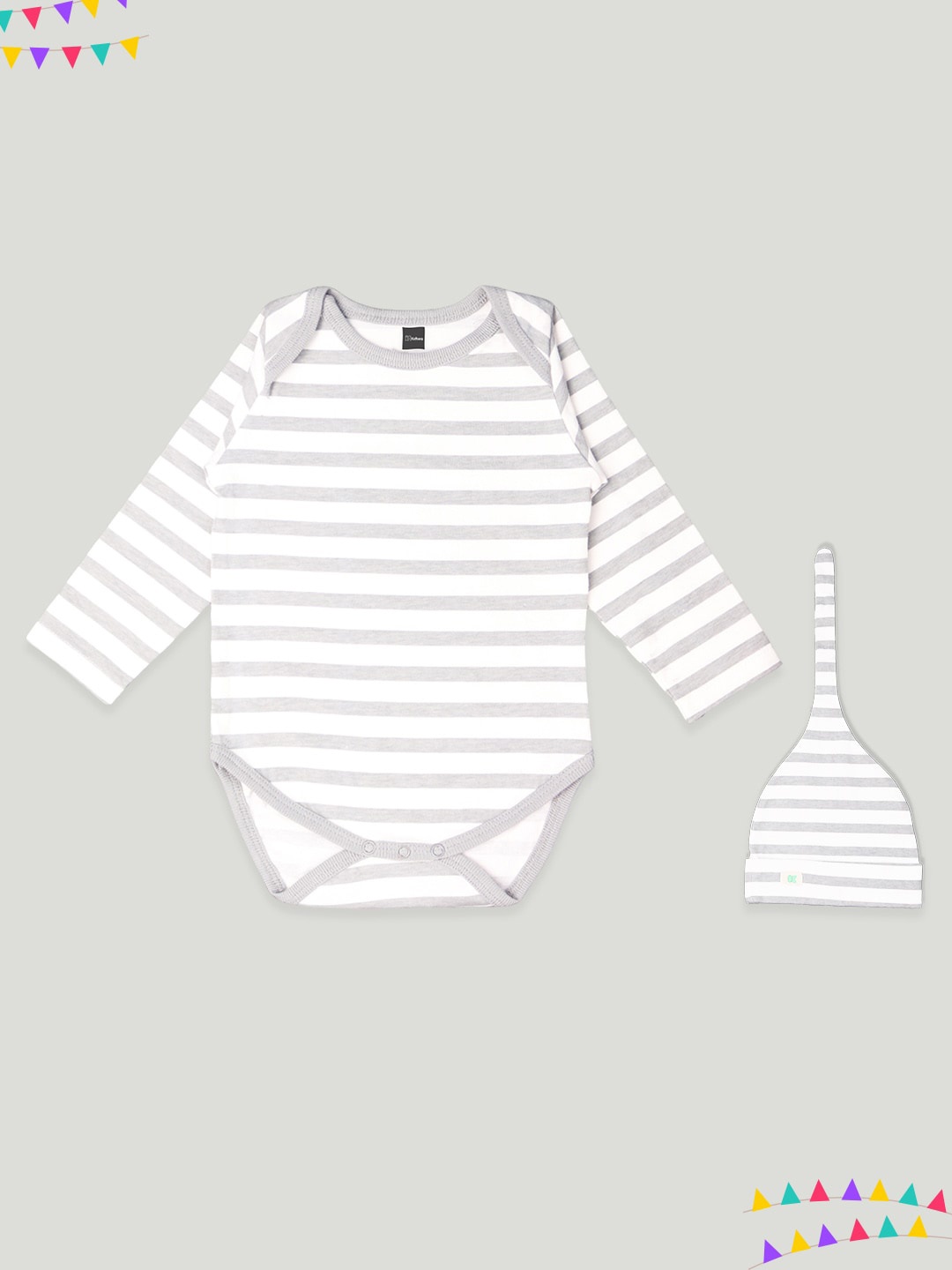 

Kidbea Infants Striped Pure Cotton Bodysuit With Cap, Grey