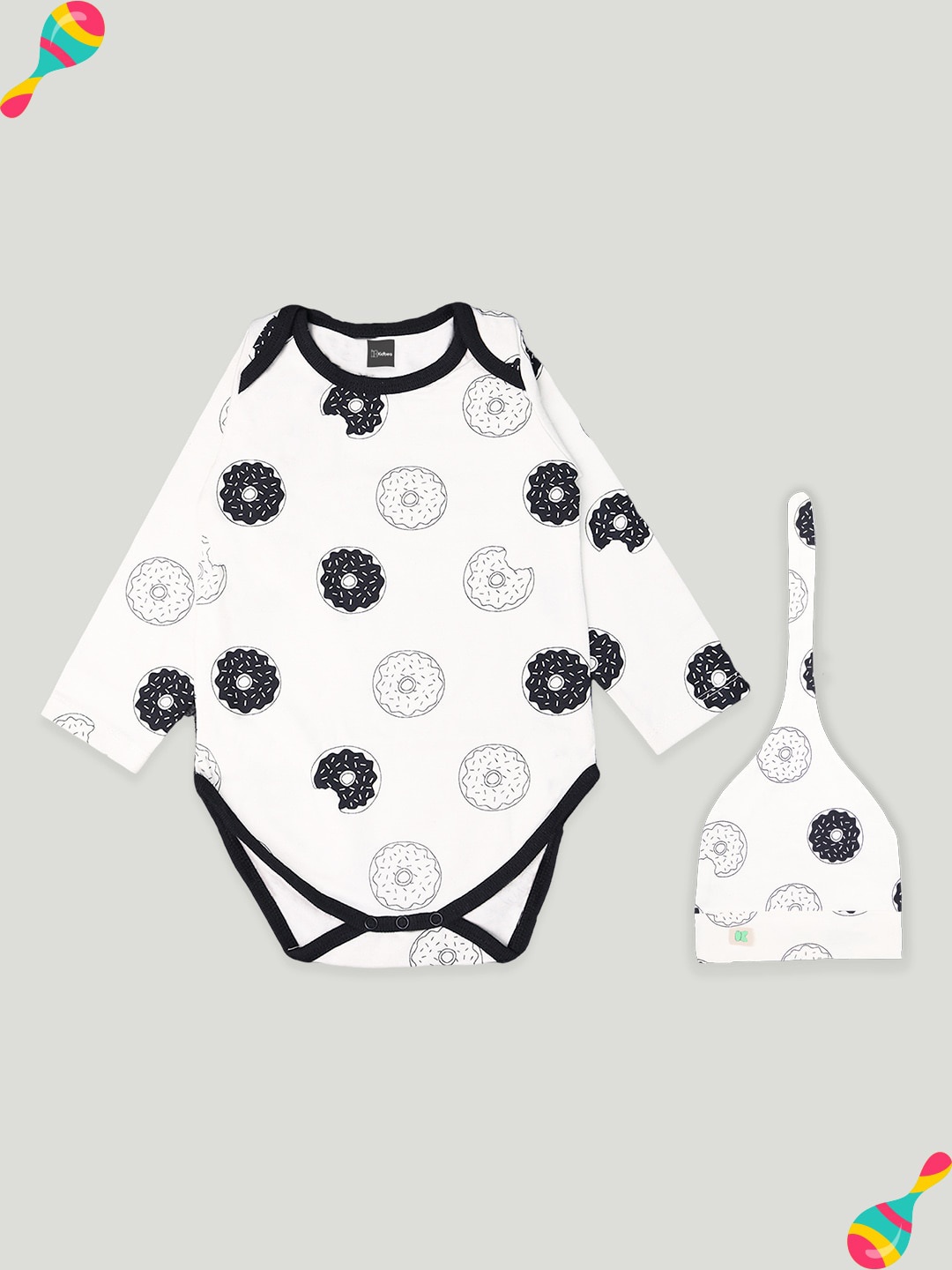 

Kidbea Infants Printed Pure Cotton Bodysuit With Cap, Black