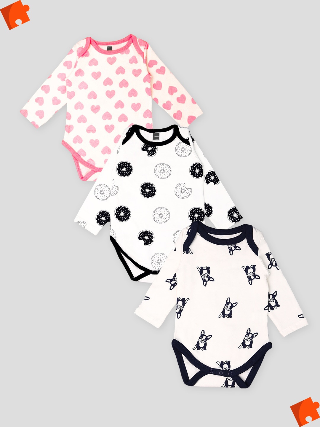 

Kidbea Infants Kids Pack Of 3 Printed Pure Cotton Bodysuits, Blue