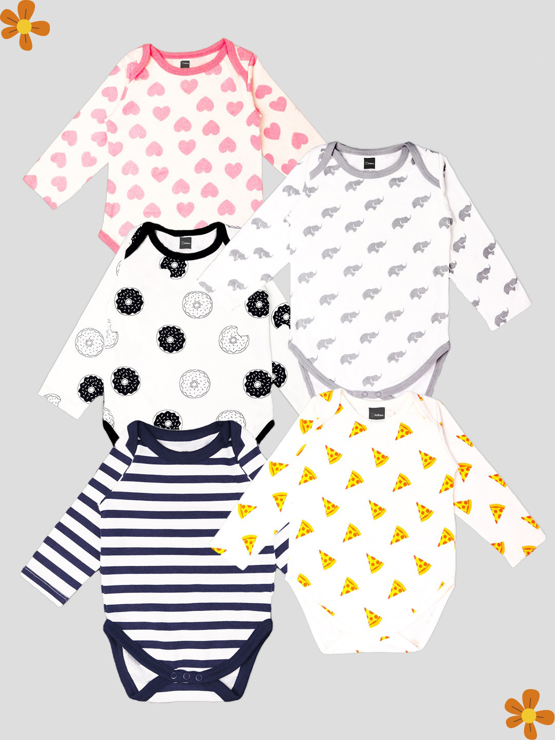 

Kidbea Infants Pack Of 5 Printed Pure Cotton Bodysuits, Pink