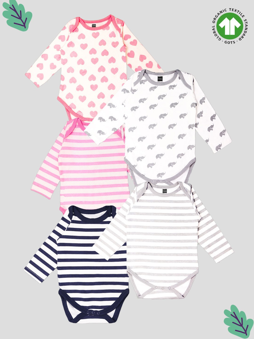 

Kidbea Infants Kids Pack Of 5 Self-Design Pure Cotton Bodysuits, Pink