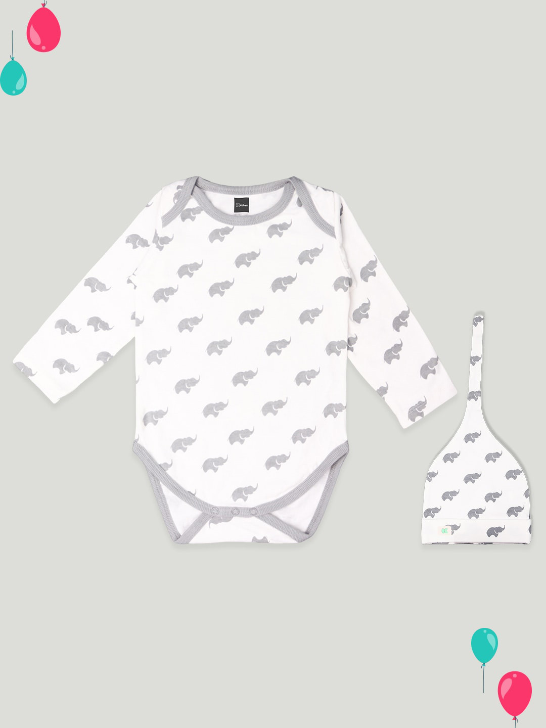 

Kidbea Infants Printed Pure Cotton Bodysuit With Cap, White