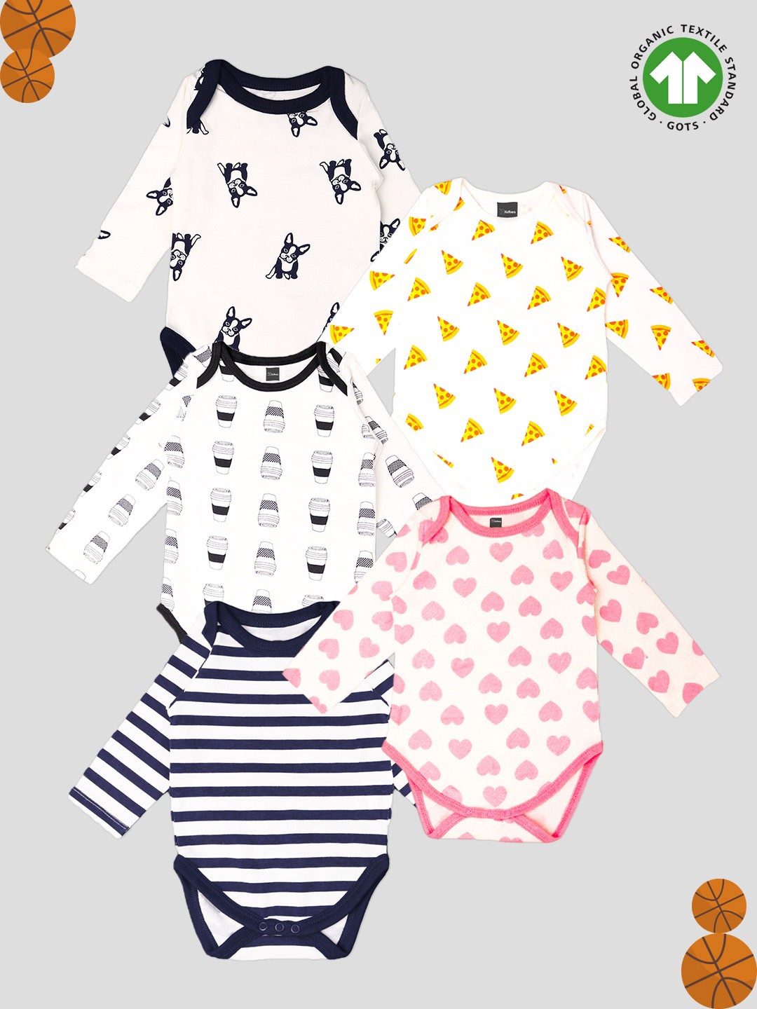 

Kidbea Infants Pack Of 5 Printed Pure Organic Cotton Onesies Bodysuits, Blue