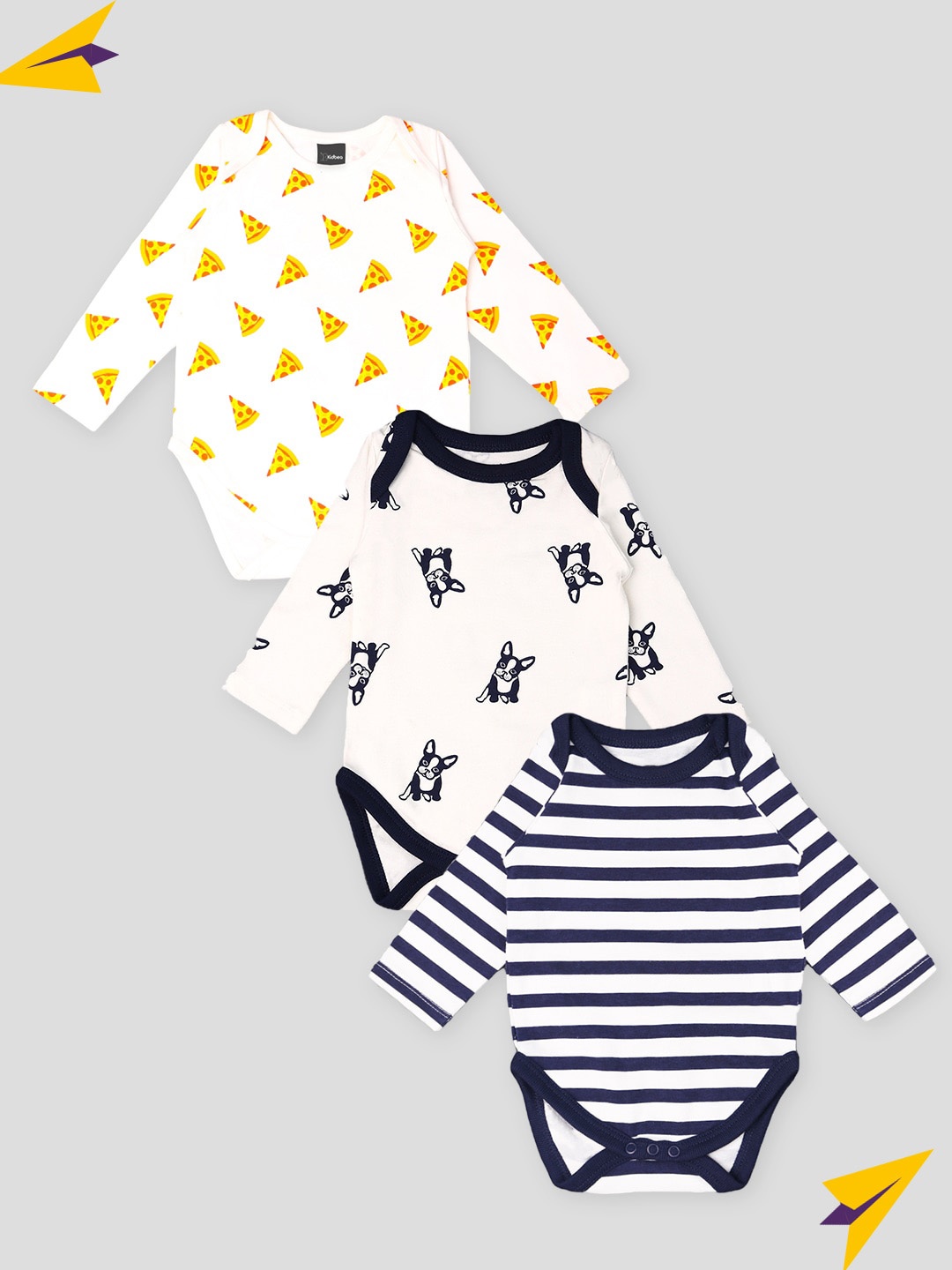 

Kidbea Infants Pack Of 3 Printed Pure Cotton Bodysuits, Yellow