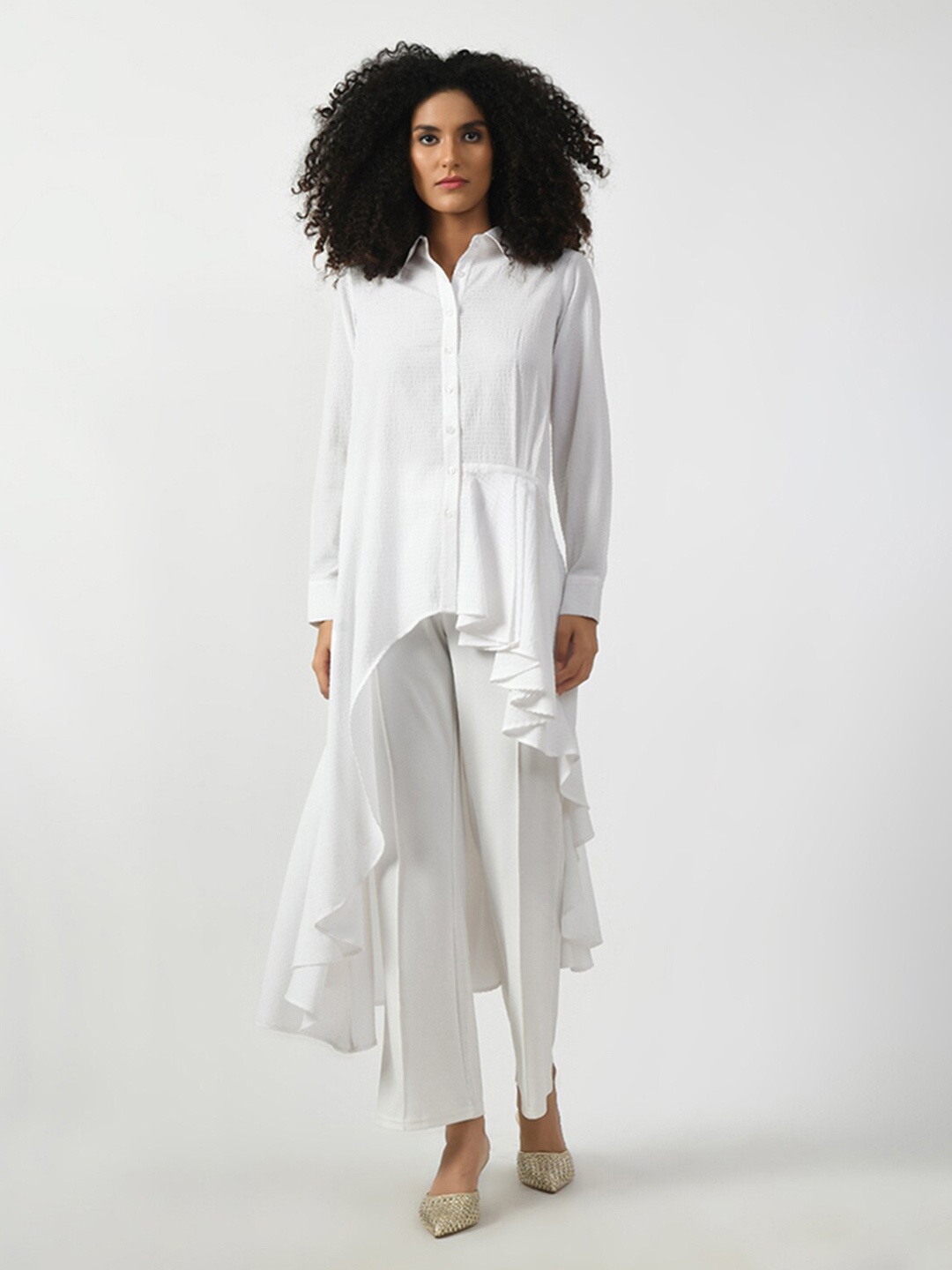 

OFFICE & YOU Textured Shirt Collar Long Sleeves Cotton Tunic, White
