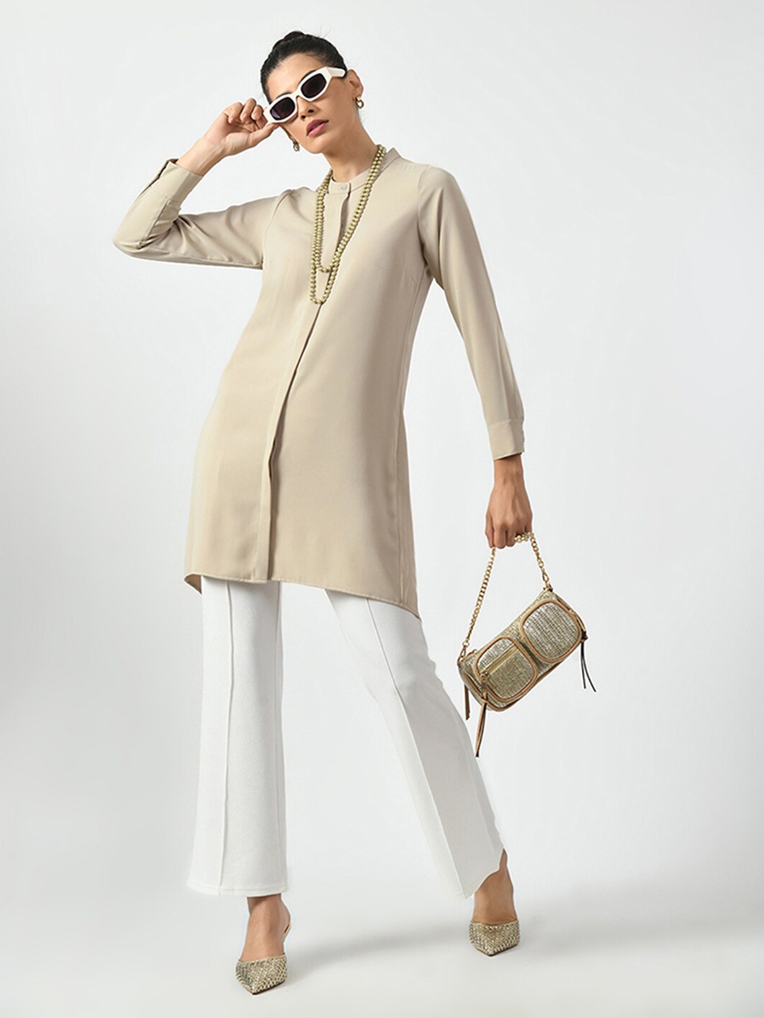 

OFFICE & YOU Mandarin Collar Cotton Tunic, Beige