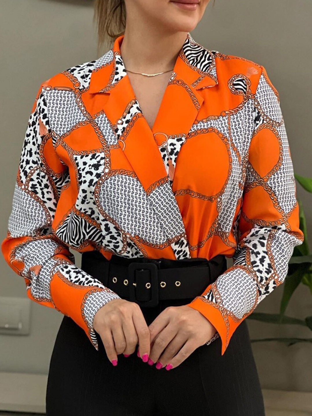 

StyleCast Shirt Collar Cuffed Sleeves Print Shirt Style Top, Orange