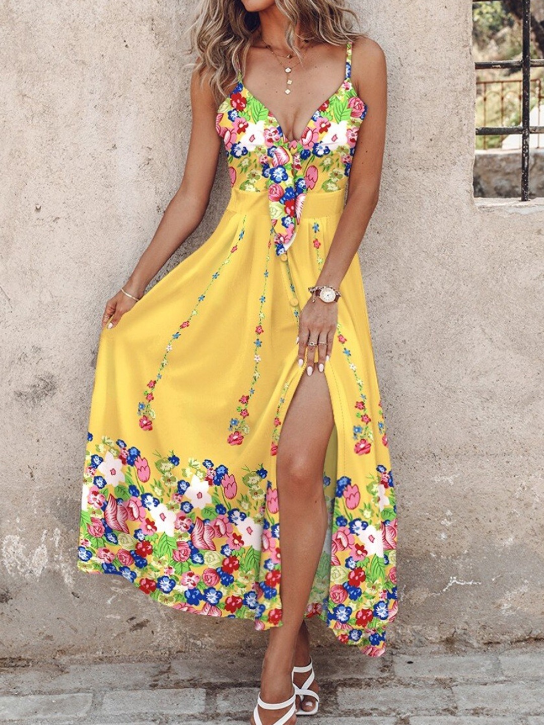 

StyleCast Yellow Floral Printed Shoulder Straps Maxi Fit & Flare Dress