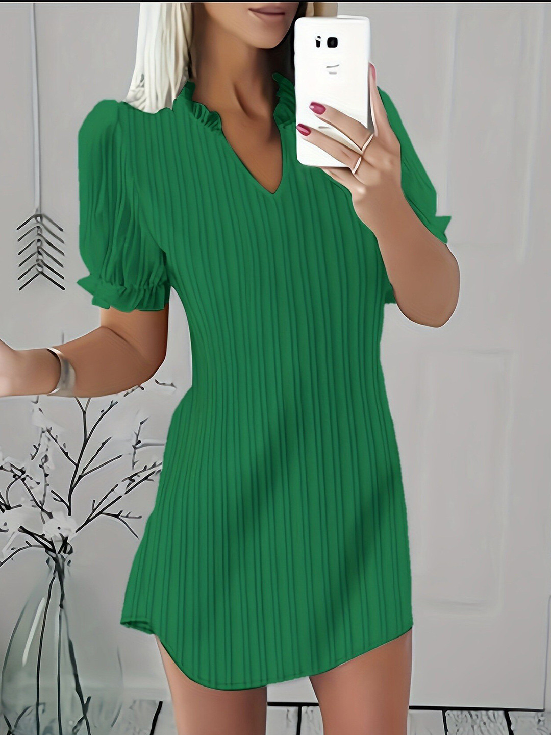 

StyleCast Green Striped V-Neck A-Line Casual Dress