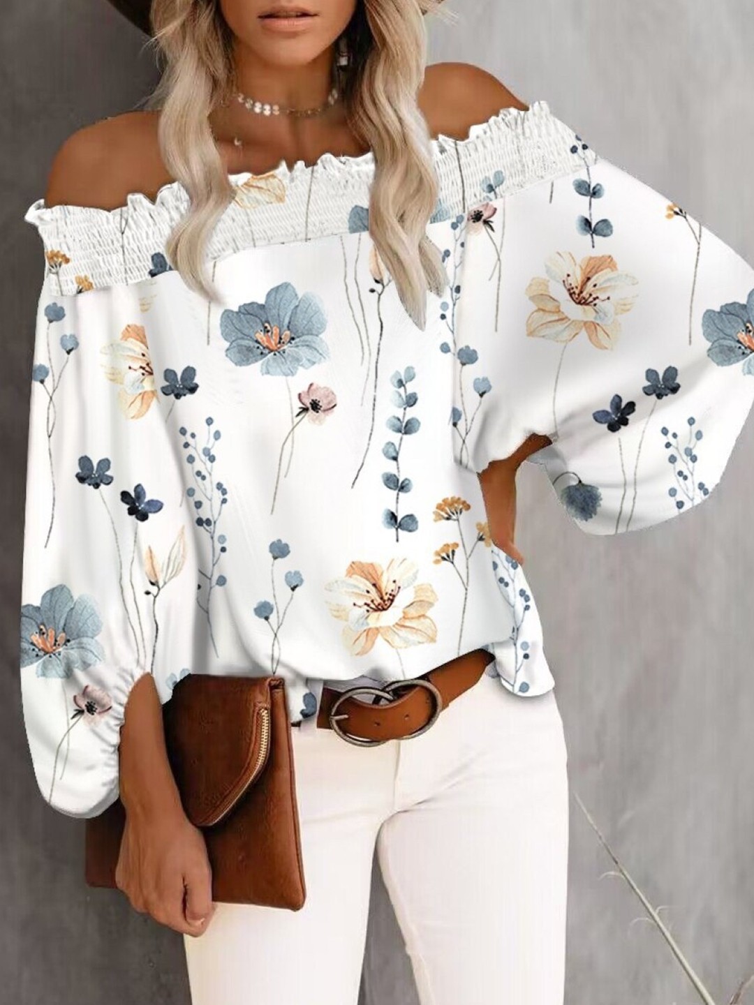 

StyleCast Off Shoulder Floral Print Bell Sleeve Top, White