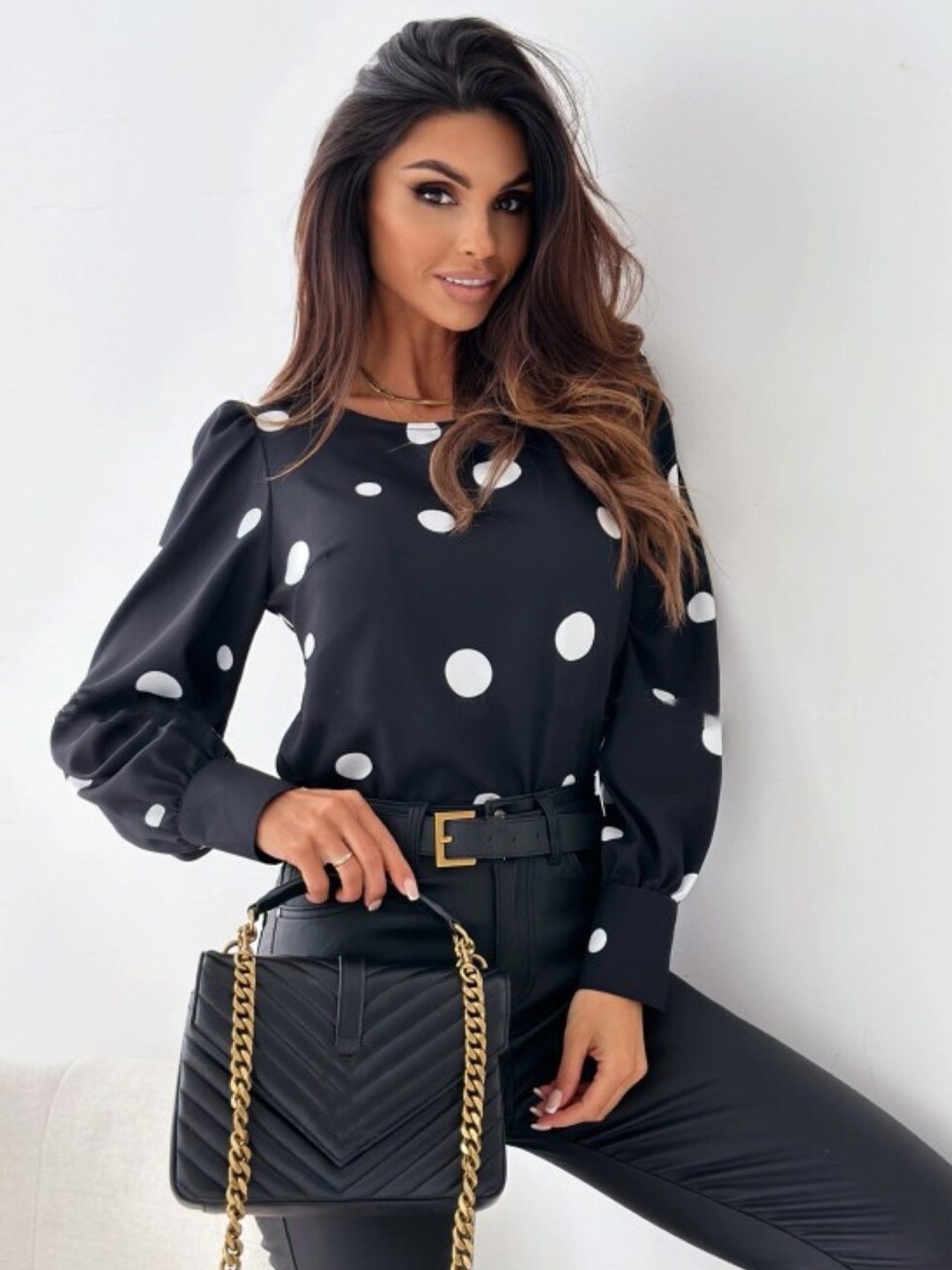 

StyleCast Polka Dot Printed Puff Sleeves Casual Top, Black