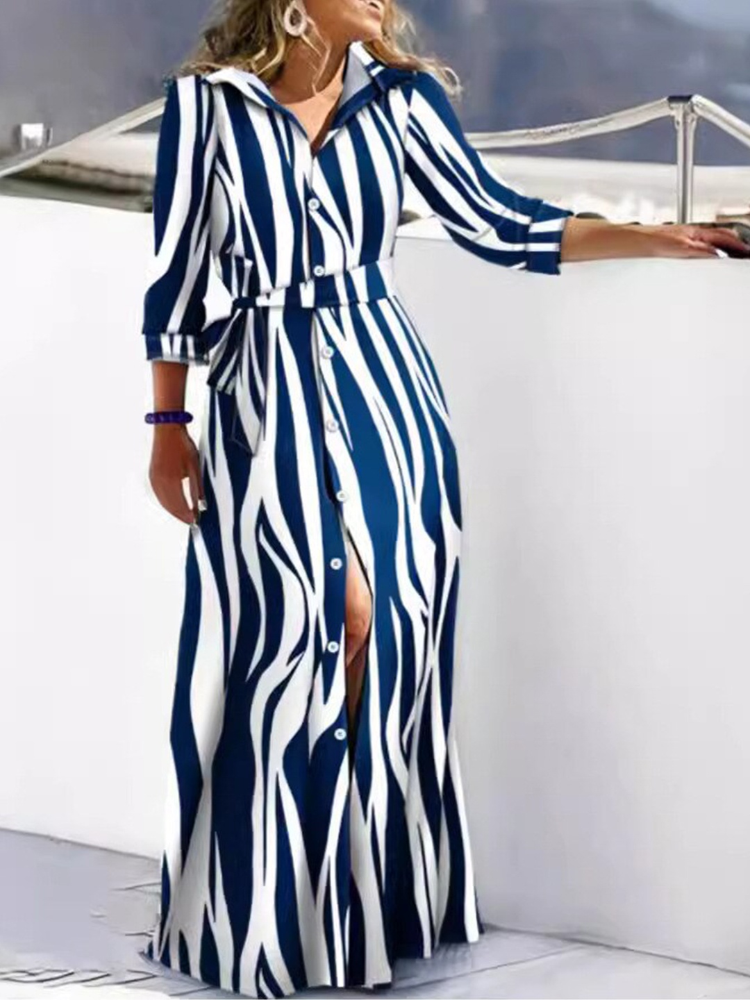 

StyleCast Blue Striped Shirt Collar Maxi Casual Dress