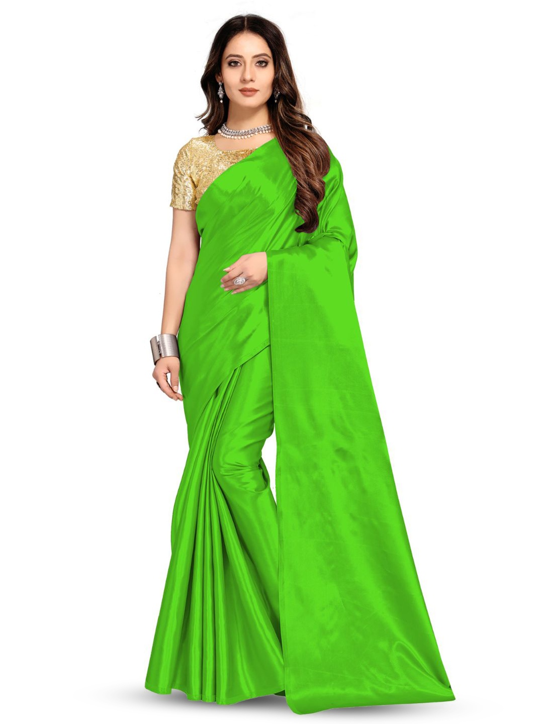 

Aruna Sarees Solid Satin Saree, Green