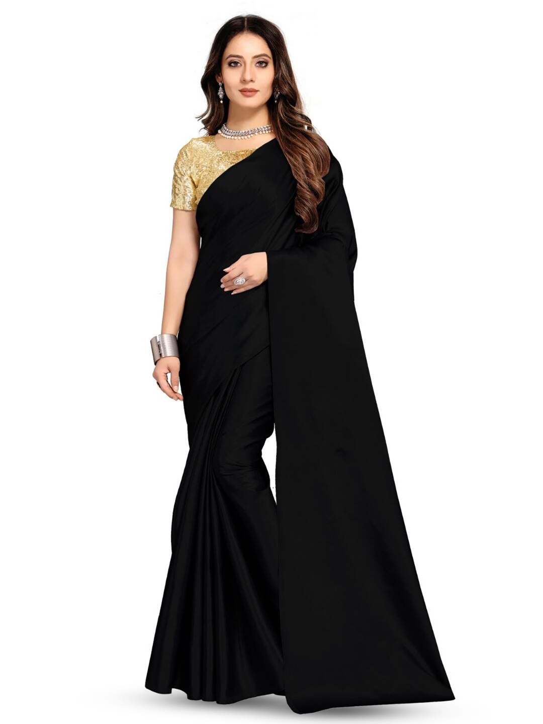 

Aruna Sarees Solid Satin Saree, Black