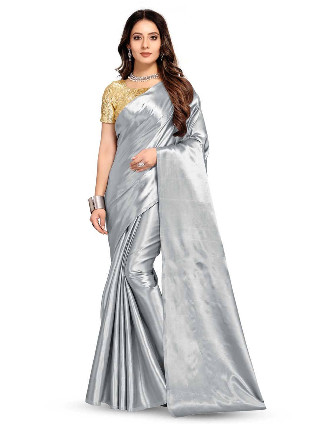 

Aruna Sarees Satin Party Saree, Grey