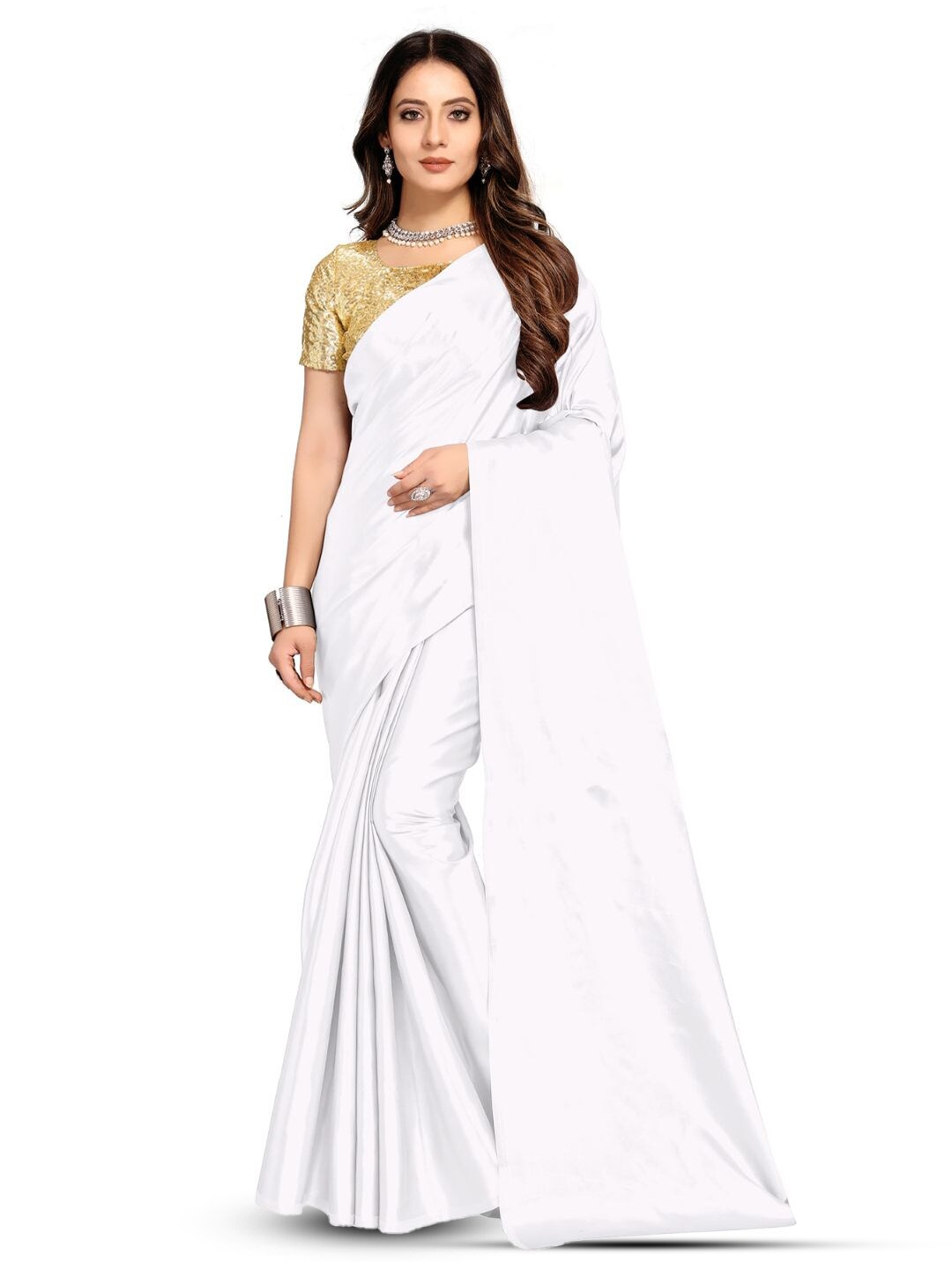 

Aruna Sarees Solid Satin Saree, White