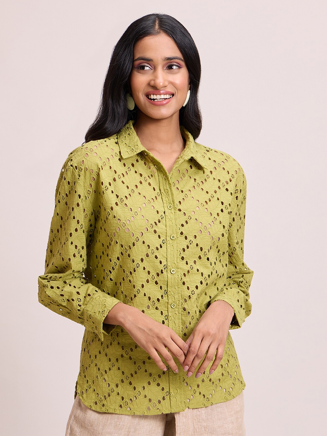 

20Dresses Lime Green Pointed Collar Full Sleeves Schiffli Shirt