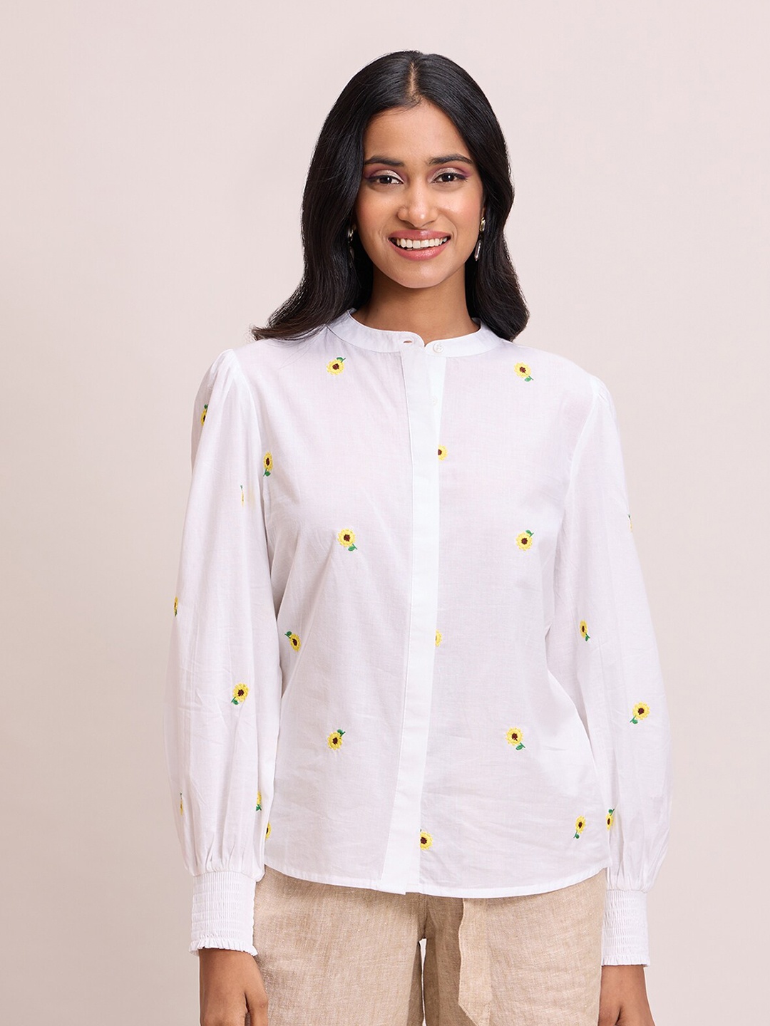 

20Dresses White Floral Embroidery Mandarin Collar Shirt