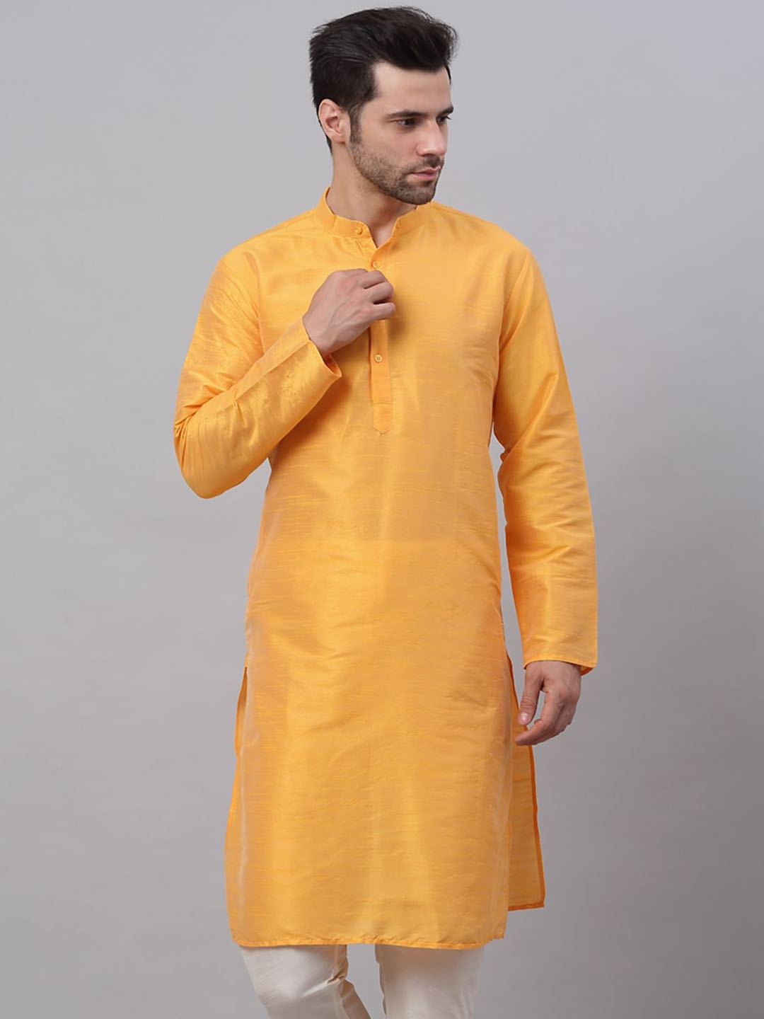 

Jompers Mandarin Collar Dupion Silk Straight Kurta, Mustard
