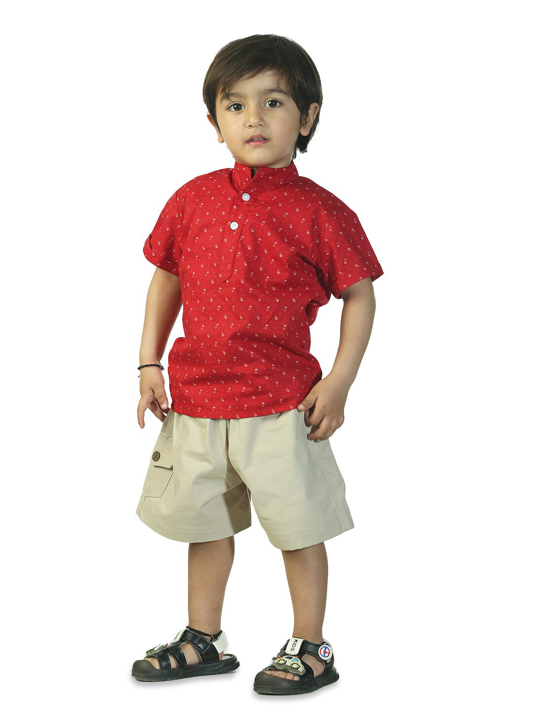 

Freesia Array Boys Standard Geometric Printed Short Sleeves Cotton Casual Shirt, Red