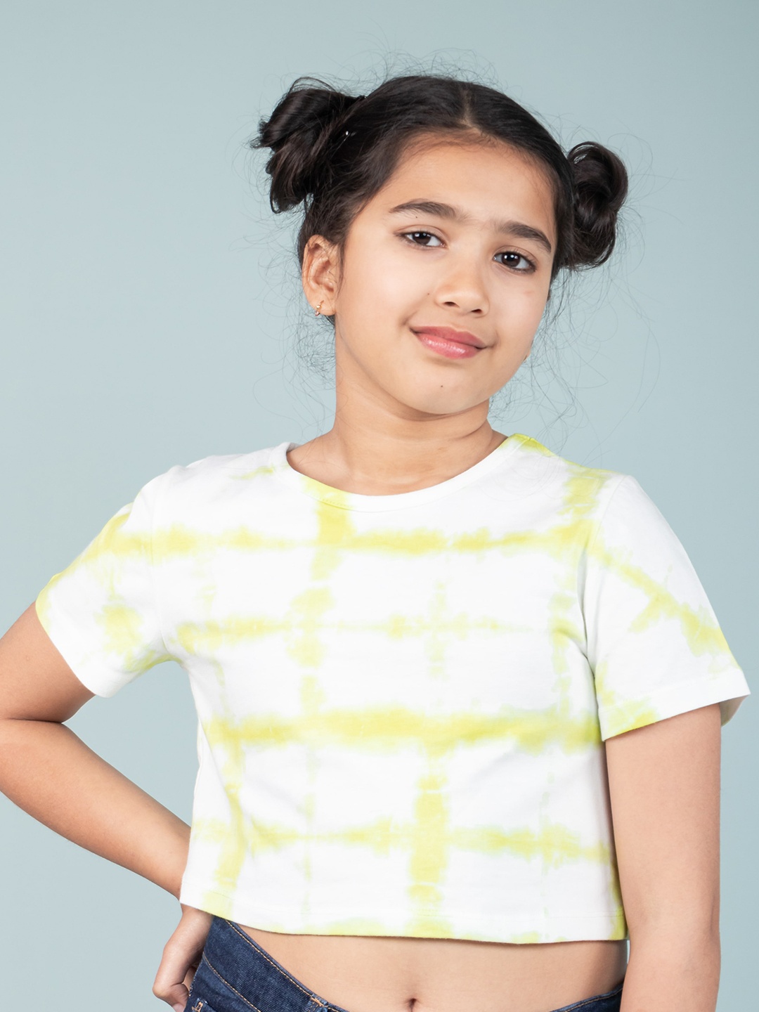 

TWEENY MINI Tie and Dye Print Short Sleeves Round Neck Cotton Crop Top, Lime green