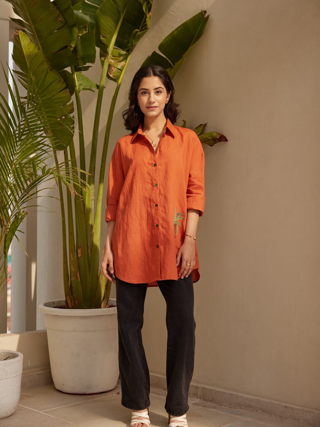 

Ambraee Long Roll Up Sleeves Linen Shirt Style Top, Orange
