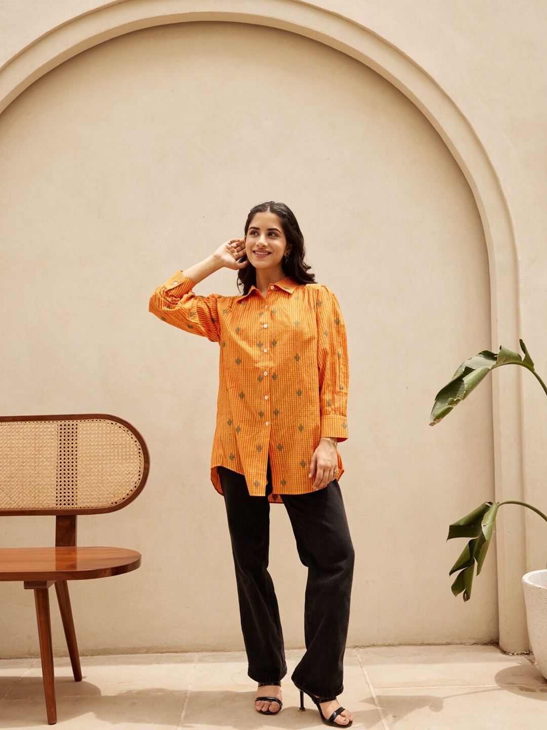 

Ambraee Abstract Long Sleeves Cotton Shirt Style Top, Orange