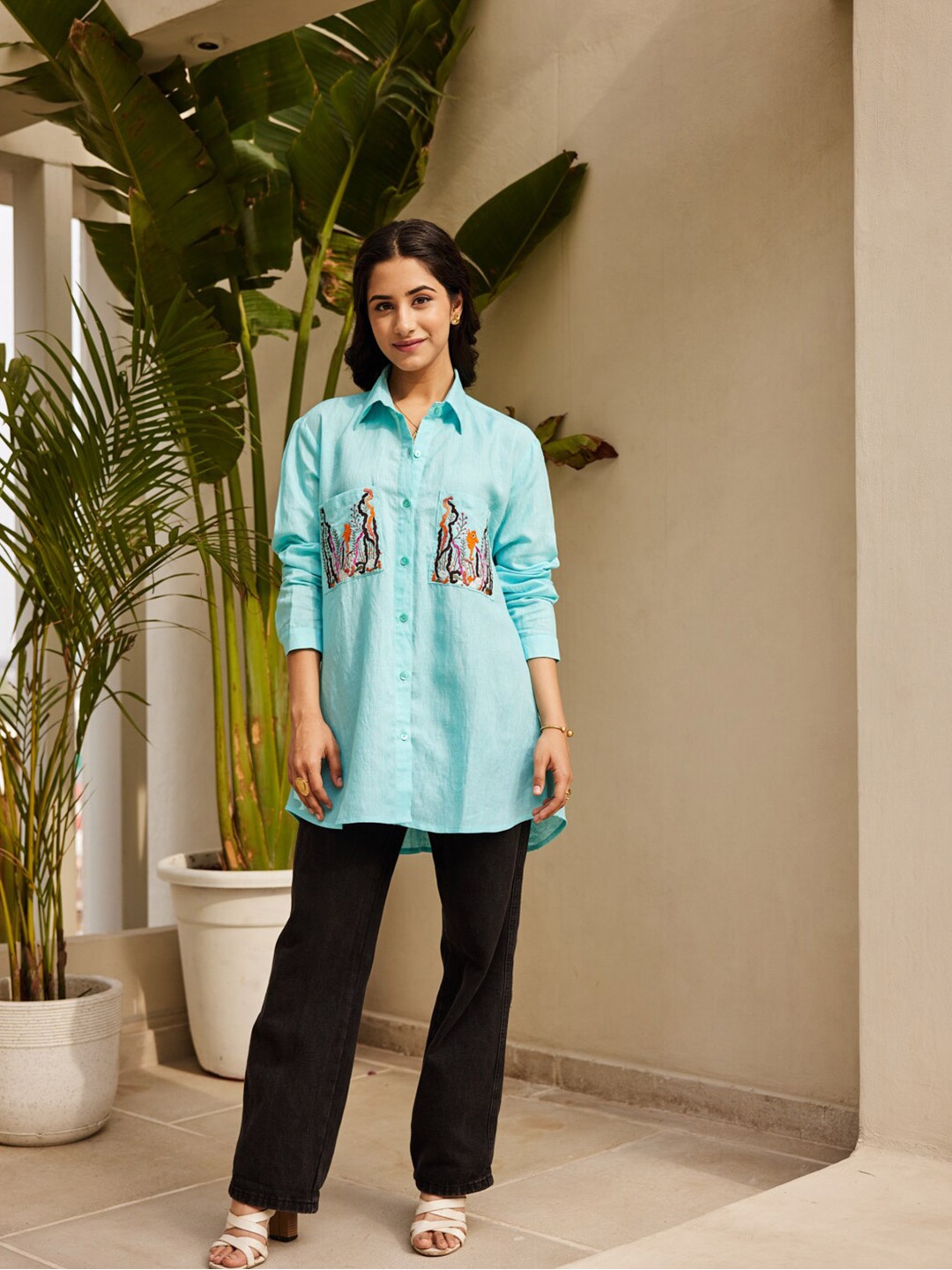 

Ambraee Embroidered Long Cuffed Sleeves Linen Shirt Style Top, Blue